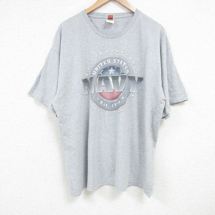 Military - 【中古】古着 半袖 ヴィンテージTシャツ メンズ 00s ミリタリー ネイビー 2Lサイズ USA製 クルーネック 大きいサイズ ビッグシルエット アメカジ ストリート カジュアル 5OF