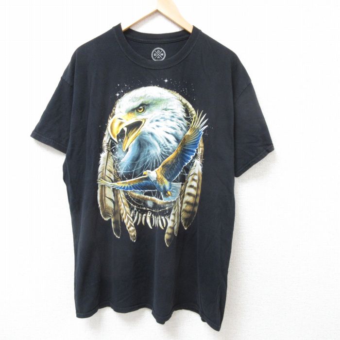 【中古】古着 半袖Tシャツ メンズ 鳥 ドリームキャッチャー 大きいサイズ 2L LL ビッグシルエット ゆったり ビッグサイズ オーバーサイズ コットン クルーネック 丸首 黒 ブラック XLサイズ 中古 | 春夏 夏物 夏服 メンズファッション カットソー ティーシャツ テ