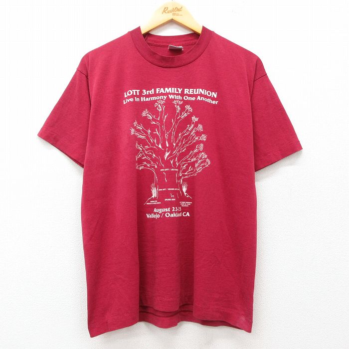 【中古】古着 フルーツオブザルーム 半袖 ビンテージ ヴィンテージTシャツ メンズ 90年代 90s FAMILY REUNION クルーネック 丸首 USA製 アメリカ製 エンジ Lサイズ 中古 | 春夏 夏物 夏服 ヴィンテージTシャツ メンズファッション カットソー ティーシャツ ティシ 5OF