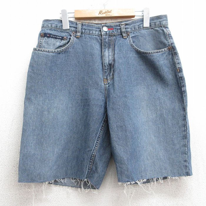 【中古】古着 トミーヒルフィガー TOMMY HILFIGER ブランド ショートパンツ ショーツ メンズ ワンポイントロゴ リネン 紺 ネイビー デニム W33 中古 ボトムス 短パン ショーパン ハーフ | 春夏 春物 春服 夏物 夏服 半ズボン カジュアル メンズファッション ファ