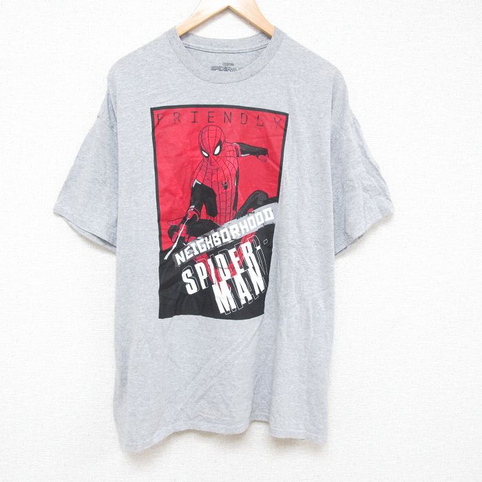 【中古】古着 半袖Tシャツ メンズ マーベル スパイダーマン 大きいサイズ 2L LL ビッグシルエット ゆったり ビッグサイズ オーバーサイズ クルーネック 丸首 グレー 霜降り XLサイズ 中古 | 春夏 夏物 夏服 メンズファッション カットソー ティーシャツ ティシャ 2OF