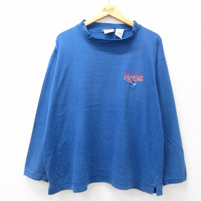【中古】古着 90s NFL ニューイングランドペイトリオッツ 長袖Tシャツ メンズ 2Lサイズ 青 ブルー コットン モックネック アメフト アメカジ ストリート カジュアル きれいめ 5OF