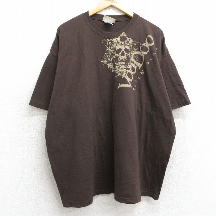 【中古】古着 半袖 ビンテージ ヴィンテージTシャツ メンズ 00年代 00s スカル VooDoo 大きいサイズ 2L LL ビッグシルエット ゆったり ビッグサイズ オーバーサイズ コットン クルーネック 丸首 茶 ブラウン XLサイズ 中古 | 春夏 夏物 夏服 ヴィンテージTシャツ