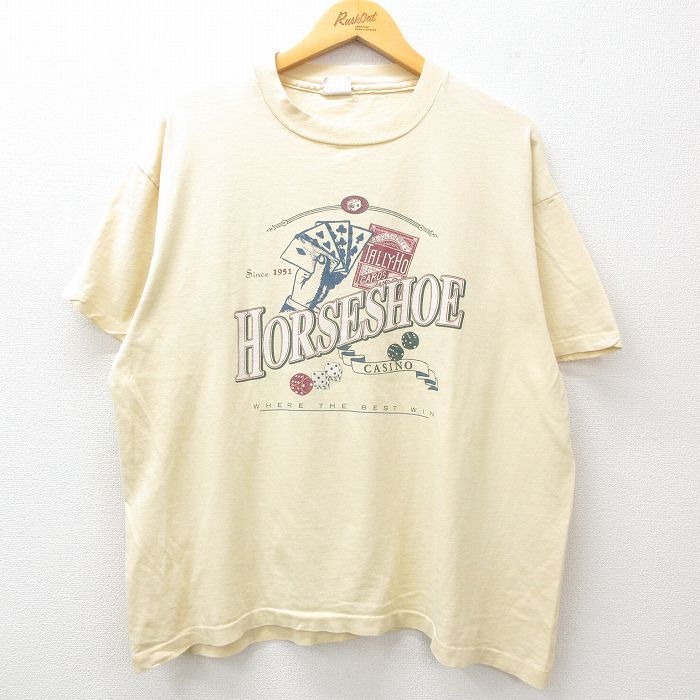 乐天商城 - 【中古】古着 半袖 ビンテージ ヴィンテージTシャツ メンズ 90年代 90s ホースシュー カジノ 大きいサイズ 2L LL ビッグシルエット ゆったり ビッグサイズ オーバーサイズ コットン クルーネック 丸首 USA製 アメリカ製 薄黄系 イエロー XLサイズ 中古 | 春夏 夏