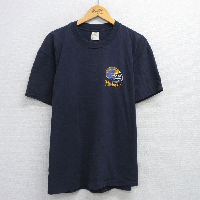 乐天商城 - 【中古】古着 半袖 ビンテージ ヴィンテージTシャツ メンズ 80年代 80s ミシガン 大学 フットボール コットン クルーネック 丸首 USA製 アメリカ製 紺 ネイビー XLサイズ 中古 | 春夏 夏物 夏服 ヴィンテージTシャツ メンズファッション カットソー ティーシャツ