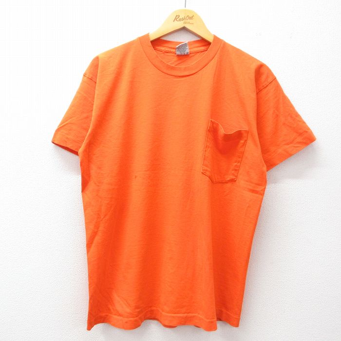 乐天商城 - 【中古】古着 半袖 ビンテージ ヴィンテージTシャツ メンズ 90年代 90s 無地 胸ポケット付き コットン クルーネック 丸首 USA製 アメリカ製 オレンジ XLサイズ 中古 | 春夏 夏物 夏服 ヴィンテージTシャツ メンズファッション カットソー ティーシャツ ティシャツ