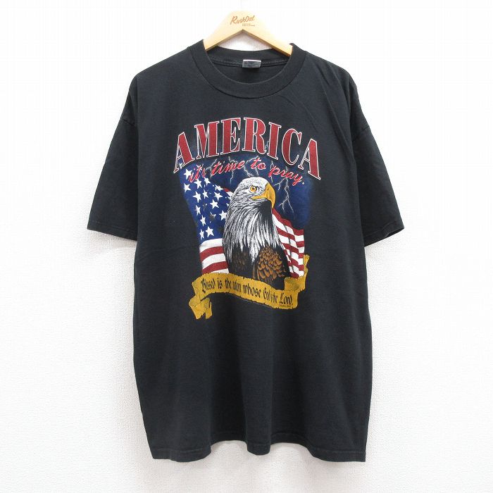 乐天商城 - 【中古】古着 90s ヴィンテージTシャツ メンズ 2Lサイズ 黒 ワシ星条旗プリント コットン クルーネック 夏物 アメカジ ストリート カジュアル きれいめ レトロ オールド 大きいサイズ 5OF