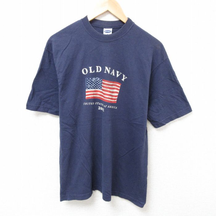 乐天商城 - 【中古】古着 半オールドネイビー 袖 ビンテージ ヴィンテージTシャツ メンズ 00年代 00s 星条旗 コットン クルーネック 丸首 紺 ネイビー Lサイズ 中古 半袖 | 春夏 夏物 夏服 ヴィンテージTシャツ メンズファッション カットソー ティーシャツ ティシャツ メン