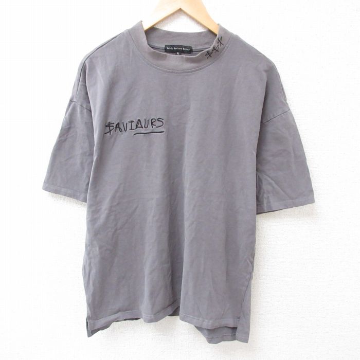 古着 SAVIOUR 半袖Tシャツ メンズ XLサイズ モックネック ハイネック 刺繍 濃グレー カジュアル アメカジ ストリート きれいめ ヴィンテージ レトロ 25jul12