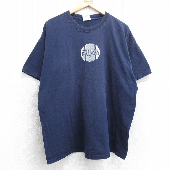乐天商城 - 【中古】古着 フィラ FILA 90s 90年代 半袖Tシャツ メンズ ビッグロゴ 紺 ネイビー 2Lサイズ コットン クルーネック USA製 アメカジ ストリート カジュアル きれいめ【spe】