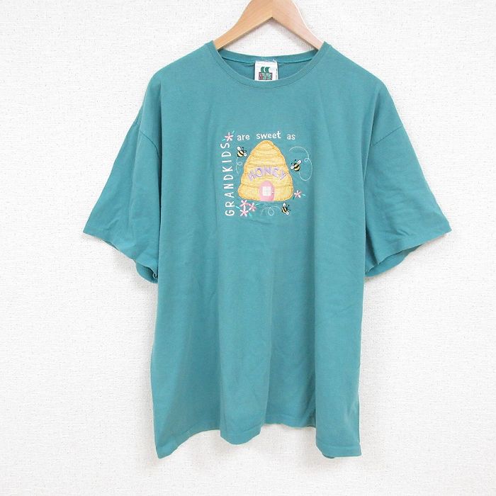 乐天商城 - 【中古】古着 半袖 ビンテージ ヴィンテージTシャツ メンズ 90年代 90s ハチ 刺繍 大きいサイズ 2L LL ビッグシルエット ゆったり ビッグサイズ オーバーサイズ コットン クルーネック 丸首 USA製 アメリカ製 青緑 XLサイズ 中古 | 春夏 夏物 夏服 ヴィンテージT