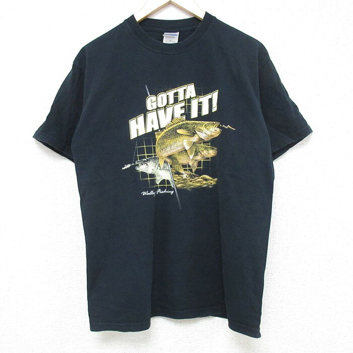 乐天商城 - 【中古】古着 半袖 ビンテージ ヴィンテージTシャツ メンズ 00年代 00s 魚 コットン クルーネック 丸首 黒 ブラック Mサイズ 中古 | 春夏 夏物 夏服 ヴィンテージTシャツ メンズファッション カットソー ティーシャツ ティシャツ メンズTシャツ 半袖Tシャツ 半袖