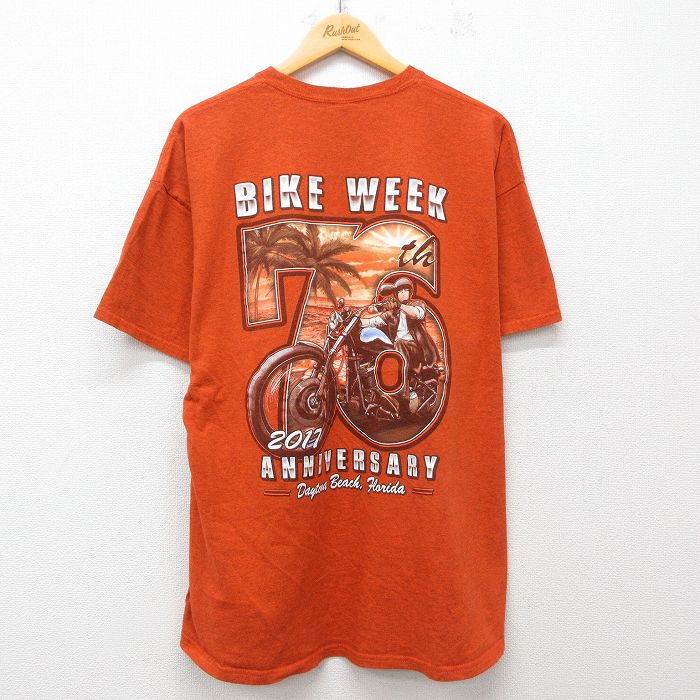 乐天商城 - 【中古】古着 半袖Tシャツ メンズ バイク 大きいサイズ 2L LL ビッグシルエット ゆったり ビッグサイズ オーバーサイズ クルーネック 丸首 オレンジ 霜降り XLサイズ 中古 | 春夏 夏物 夏服 メンズファッション カットソー ティーシャツ ティシャツ メンズTシャツ