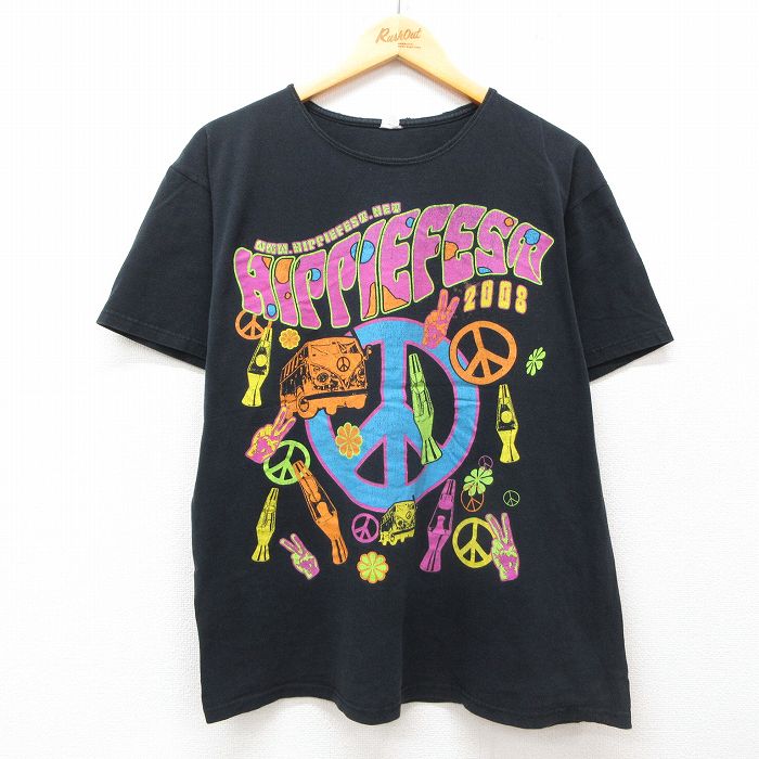 【中古】古着 半袖 ビンテージ ヴィンテージTシャツ メンズ 00年代 00s HIPPIE FEST ピースマーク バス コットン クルーネック 丸首 黒 ブラック Lサイズ 中古 | 春夏 夏物 夏服 メンズファッション カットソー ティーシャツ ティシャツ メンズTシャツ 半袖Tシャ 2OF