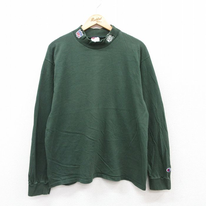 Rakuten - 【中古】古着 チャンピオン 00s ヴィンテージ長袖Tシャツ メンズ NFL ニューヨークジェッツ 緑 グリーン XLサイズ コットン モックネック アメフト アメカジ ストリート 5OF