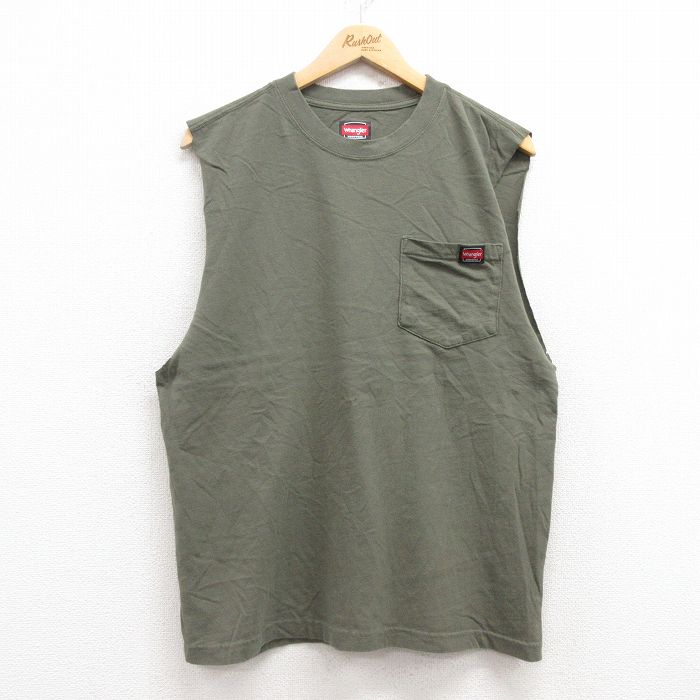 【中古】古着 ラングラー Wrangler ノースリーブTシャツ メンズ 胸ポケット付き コットン クルーネック 丸首 緑 グリーン Lサイズ 中古 春夏 夏物 夏服 メンズファッション カジュアル おしゃれ 2OF(4.0)