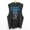 【中古】古着 ノースリーブTシャツ メンズ WANNA LICK 鳥 大きいサイズ 2L LL ビッグシルエット ゆったり ビッグサイズ オーバーサイズ コットン クルーネック 丸首 黒 ブラック XLサイズ 中古 春夏 夏物 夏服 メンズファッション カジュアル おしゃれ