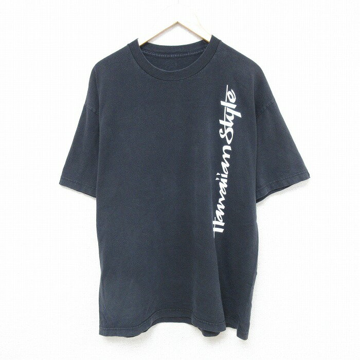 【中古】古着 半袖Tシャツ メンズ ハワイアンスタイル クルーネック 丸首 黒 ブラック XLサイズ 中古 | 春夏 夏物 夏服 メンズファッション カットソー ティーシャツ ティシャツ メンズTシャツ 半袖Tシャツ 半袖ティーシャツ カジュアルTシャツ おしゃれ カジュア