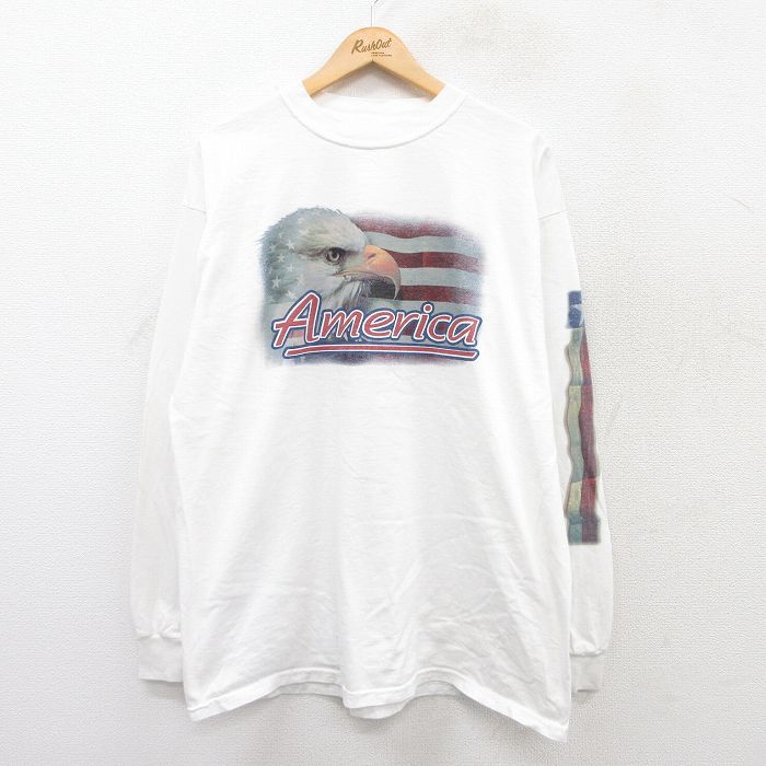 樂天商城 - 【中古】古着 長袖 ビンテージ ヴィンテージTシャツ メンズ 00年代 00s アメリカ 鳥 星条旗 大きいサイズ 2L LL ビッグシルエット ゆったり ビッグサイズ オーバーサイズ コットン クルーネック 丸首 白 ホワイト XLサイズ 中古 | 春夏 春物 春服 秋冬 秋物 秋服