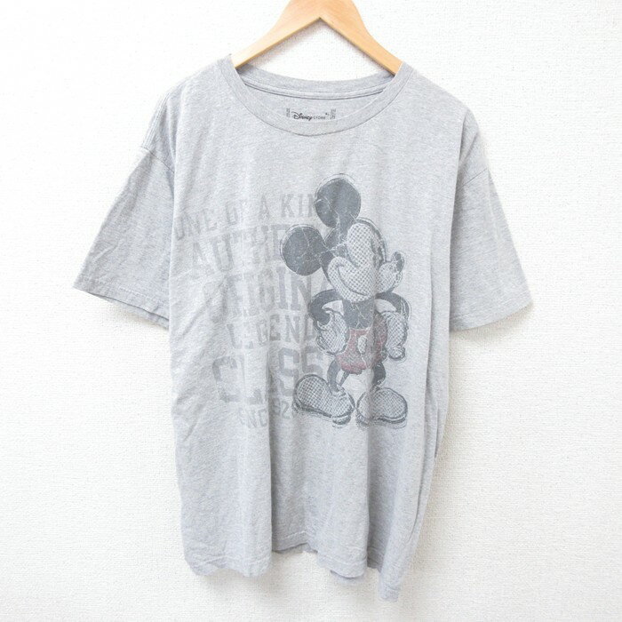 【中古】古着 半袖Tシャツ メンズ ディズニー DISNEY ミッキー MICKEY MOUSE 大きいサイズ 2L LL ビッグシルエット ゆったり ビッグサイズ オーバーサイズ クルーネック 丸首 グレー 霜降り XLサイズ 中古 | 春夏 夏物 夏服 メンズファッション カットソー ティー 2OF