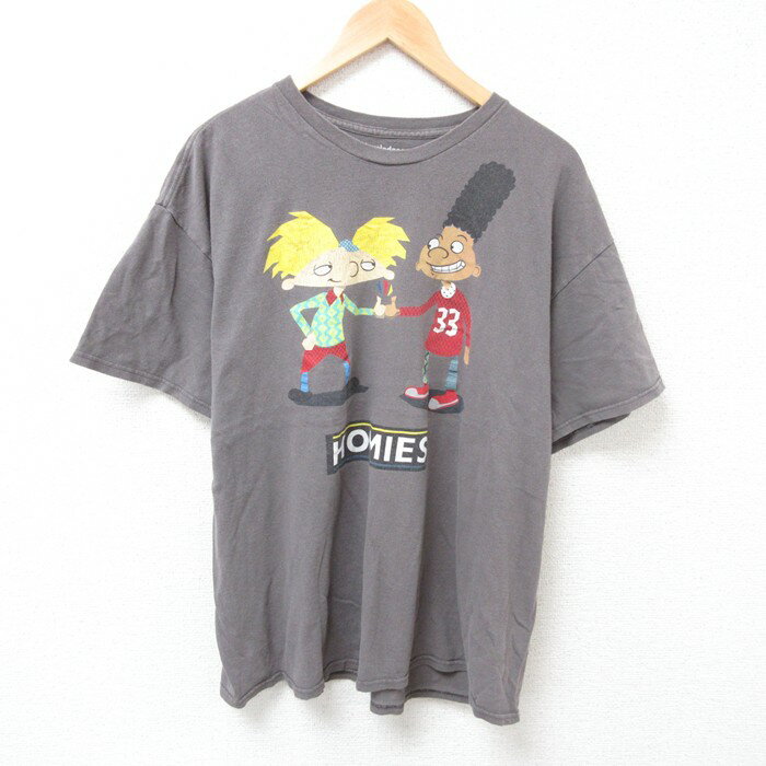 【中古】古着 半袖Tシャツ メンズ アニメ ニコロデオン ヘイアーノルド コットン クルーネック 丸首 濃グレー XLサイズ 中古 | 春夏 夏物 夏服 メンズファッション カットソー ティーシャツ ティシャツ メンズTシャツ 半袖Tシャツ 半袖ティーシャツ カジュアルTシ 2OF