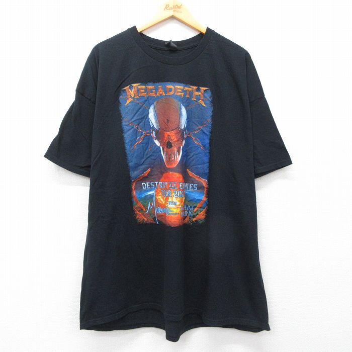 Rakuten - 【中古】古着 半袖ロックTシャツ バンドTシャツ メンズ メガデス 2Lサイズ LL コットン クルーネック 黒 ブラック 大きいサイズ ビッグシルエット アメカジ ストリート カジュアル