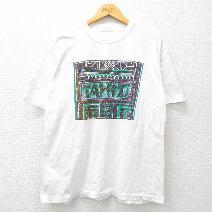 Rakuten - 【中古】古着 90s ヴィンテージTシャツ メンズ 半袖 白 TAHITI クルーネック Lサイズ コットン 丸首 春夏 カットソー アメカジ ストリート カジュアル きれいめ レトロ 5OF