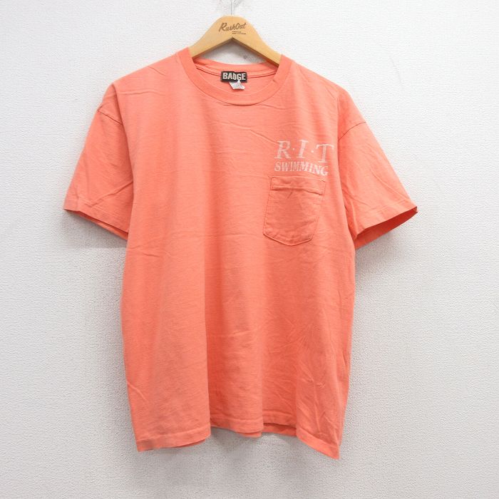 乐天商城 - 【中古】古着 半袖 ビンテージ ヴィンテージTシャツ メンズ 90年代 90s スイミング 胸ポケット付き コットン クルーネック 丸首 USA製 アメリカ製 オレンジ系 XLサイズ 中古 | 春夏 夏物 夏服 ヴィンテージTシャツ メンズファッション カットソー ティーシャツ テ