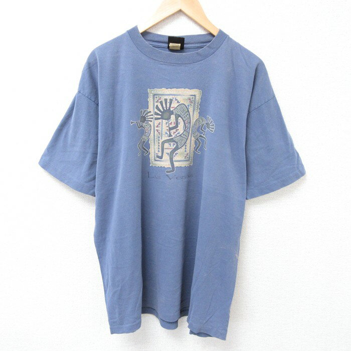 Rakuten - 【中古】古着 90s ヴィンテージTシャツ メンズ ココペリ ホピ族 2Lサイズ コットン USA製 薄紺 ネイビー クルーネック 大きいサイズ アメカジ ストリート カジュアル きれいめ