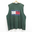 【中古】古着 トミーヒルフィガー TOMMY HILFIGER トミージーンズ ノースリーブ ブランドTシャツ メンズ 90年代 90s ビッグロゴ 大きいサイズ 2L LL ビッグシルエット ゆったり ビッグサイズ オーバーサイズ コットン クルーネック 丸首 緑 グリーン XLサイズ 中