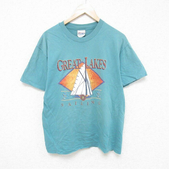 【中古】古着 ヘインズ Hanes 半袖 ビンテージ ヴィンテージTシャツ メンズ 90年代 90s セーリング コットン クルーネック 丸首 USA製 アメリカ製 薄緑 グリーン Lサイズ 中古 | 春夏 夏物 夏服 ヴィンテージTシャツ メンズファッション カットソー ティーシャツ 2OF(4.0)