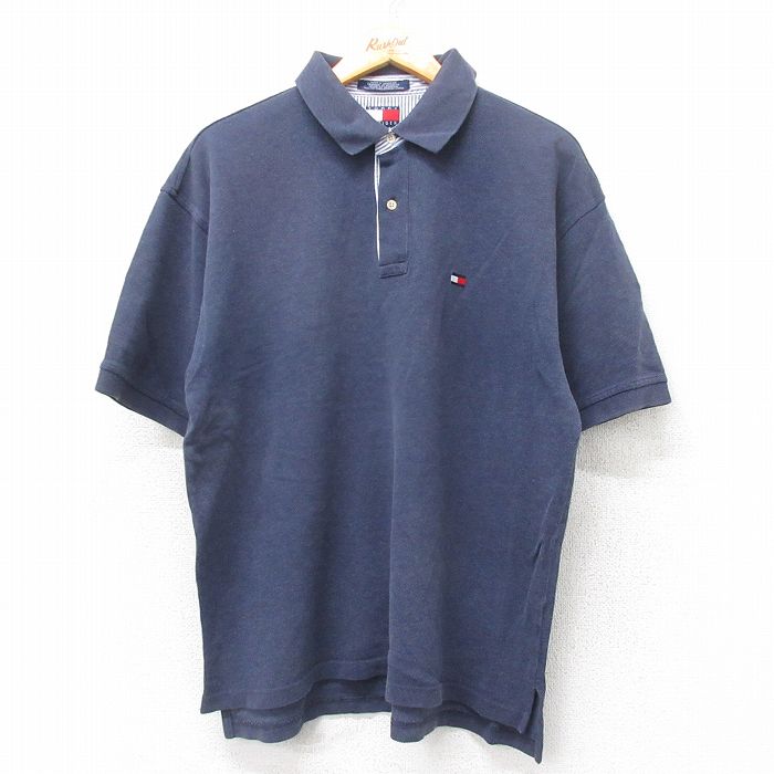 【中古】古着 トミーヒルフィガー TOMMY HILFIGER 半袖 ブランド ポロシャツ メンズ 90年代 90s ワンポイントロゴ 鹿の子 コットン 紺 ネイビー XLサイズ 中古 トップス | 春夏 春物 春服 夏物 夏服 カジュアルシャツ メンズファッション 半袖シャツ おしゃれ カ 5OF