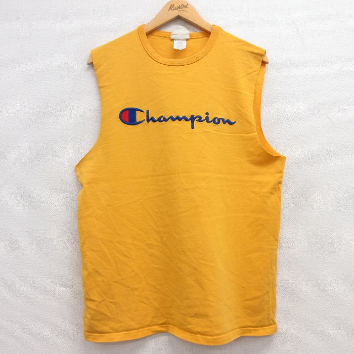 【中古】古着 チャンピオン champion ノースリーブTシャツ メンズ ビッグロゴ 刺繍 コットン クルーネック 丸首 黄 イエロー Lサイズ 中古 春夏 夏物 夏服 メンズファッション カジュアル おしゃれ