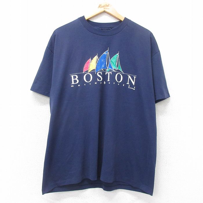 STREET - 【中古】古着 ヘインズ 90s 半袖Tシャツ メンズ ヴィンテージ 紺 ネイビー Hanes Lサイズ コットン ボストン ヨット クルーネック アメカジ ストリート カジュアル きれいめ 5OF