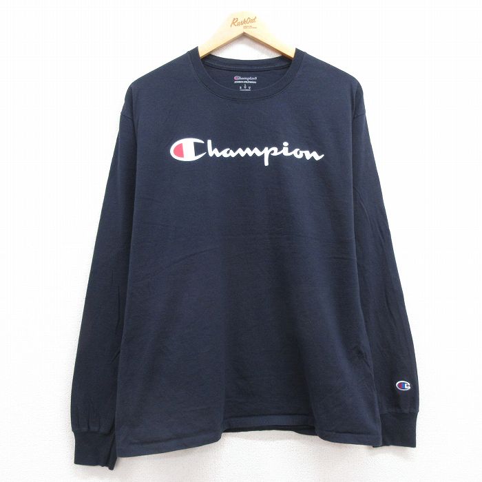【中古】古着 チャンピオン champion 長袖Tシャツ メンズ ビッグロゴ コットン クルーネック 丸首 濃紺 ネイビー Lサイズ 中古 | 春夏 春物 春服 秋冬 秋物 秋服 メンズファッション ロンT カットソー ロンティー ロングT ロングTシャツ ロングティーシャツ ロン