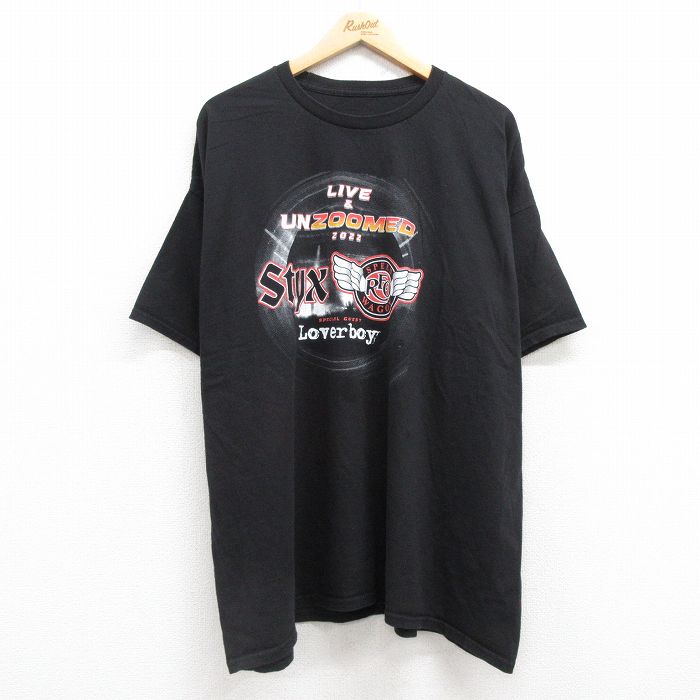 【中古】古着 半袖 ロックTシャツ バンドTシャツ メンズ スティクス REOスピードワゴン 大きいサイズ 2L LL ビッグシルエット ゆったり ビッグサイズ オーバーサイズ クルーネック 丸首 黒 ブラック XLサイズ 中古 | 春夏 夏物 夏服 メンズファッション カットソ 5OF