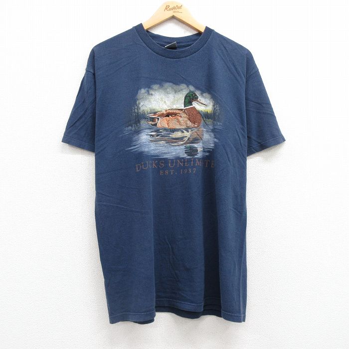 【中古】古着 半袖 ビンテージ ヴィンテージTシャツ メンズ 90年代 90s 鳥 カモ 刺繍 鹿の子 コットン クルーネック 丸首 USA製 アメリカ製 紺 ネイビー 【spe】 XLサイズ 中古 | 春夏 夏物 夏服 ヴィンテージTシャツ メンズファッション カットソー ティーシャツ