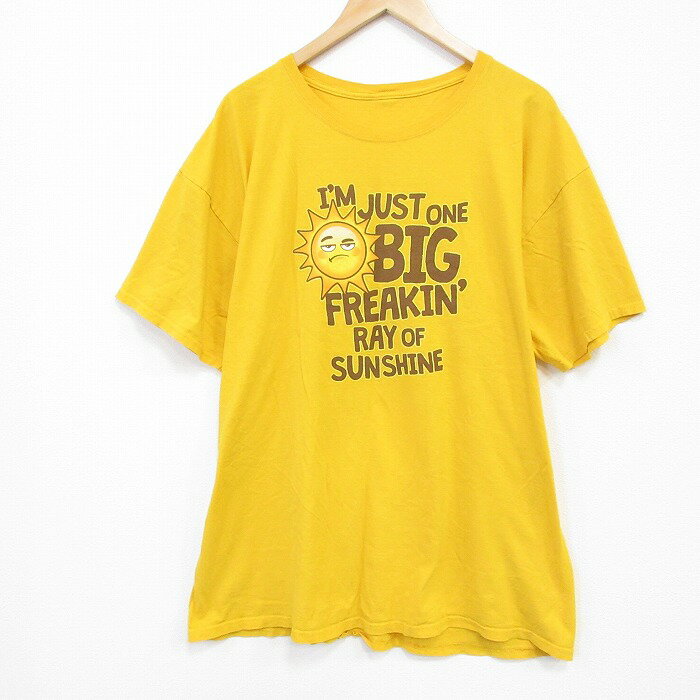 【中古】古着 半袖Tシャツ メンズ 太陽 大きいサイズ 2L LL ビッグシルエット ゆったり ビッグサイズ オーバーサイズ クルーネック 丸首 黄 イエロー XLサイズ 中古 | 春夏 夏物 夏服 メンズファッション カットソー ティーシャツ ティシャツ メンズTシャツ 半袖T