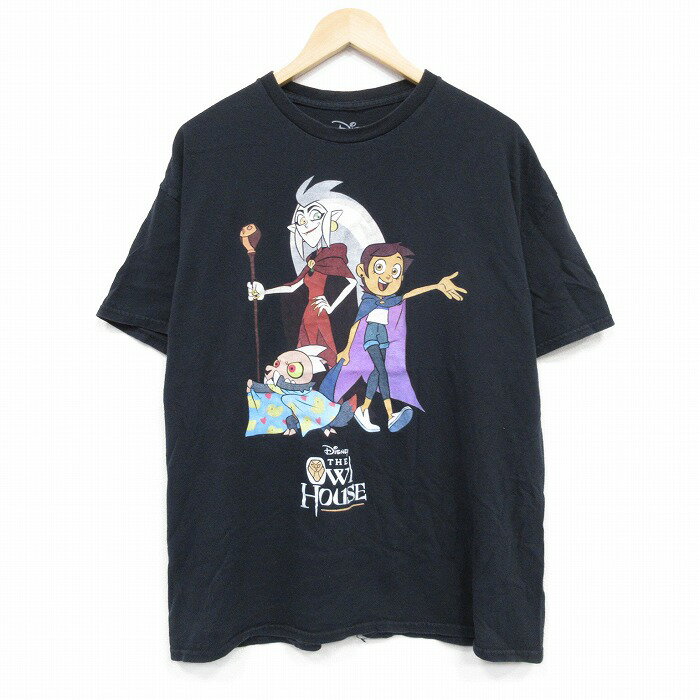 【中古】古着 半袖Tシャツ メンズ アニメ ディズニー DISNEY アウルハウス コットン クルーネック 丸首 黒 ブラック XLサイズ 中古 | 春夏 夏物 夏服 メンズファッション カットソー ティーシャツ ティシャツ メンズTシャツ 半袖Tシャツ 半袖ティーシャツ カジュ 5OF