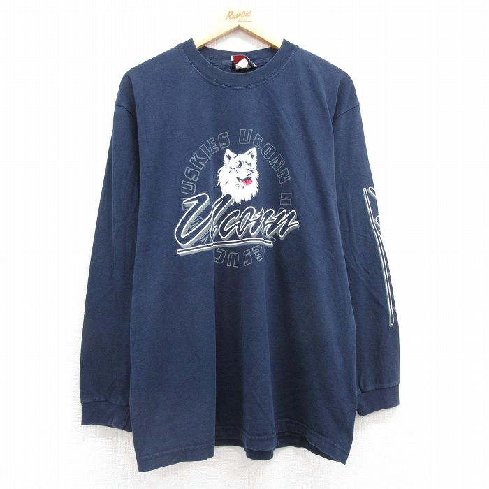 【中古】古着 長袖 ビンテージ ヴィンテージTシャツ メンズ 00年代 00s UCONN ハスキーズ コットン クルーネック 丸首 濃紺 ネイビー XLサイズ 中古 | 春夏 春物 春服 秋冬 秋物 秋服 メンズファッション ロンT カットソー ロンティー ロングT ロングTシャツ ロン
