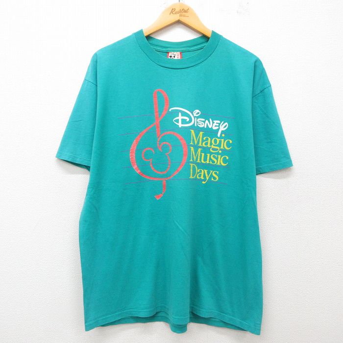 樂天商城 - 【中古】古着 半袖 ビンテージ ヴィンテージTシャツ メンズ 90年代 90s ディズニー DISNEY マジックミュージックデイズ コットン クルーネック 丸首 USA製 アメリカ製 青緑 XLサイズ 中古 | 春夏 夏物 夏服 ヴィンテージTシャツ メンズファッション カットソー テ