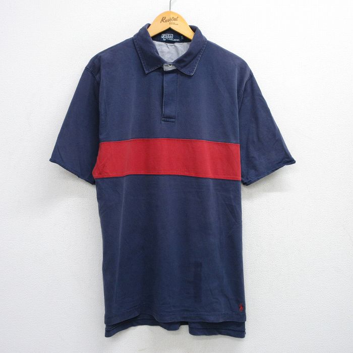Rugger Shirt - 【中古】古着 ラルフローレン Ralph Lauren 半袖 ブランド ラガーシャツ メンズ 90年代 90s 裾ロゴ 紺他 ネイビー Lサイズ 中古 トップス | 春夏 春物 春服 夏物 夏服 カジュアルシャツ メンズファッション 半袖シャツ おしゃれ カジュアル