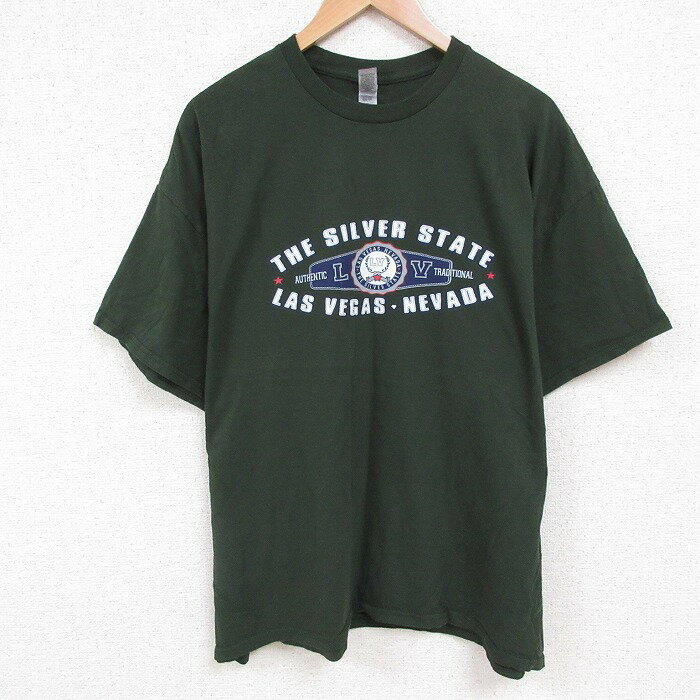 樂天商城 - 【中古】古着 半袖Tシャツ メンズ ラスベガス 大きいサイズ 2L LL ビッグシルエット ゆったり ビッグサイズ オーバーサイズ コットン クルーネック 丸首 濃緑 グリーン XLサイズ 中古 | 春夏 夏物 夏服 メンズファッション カットソー ティーシャツ ティシャツ メ