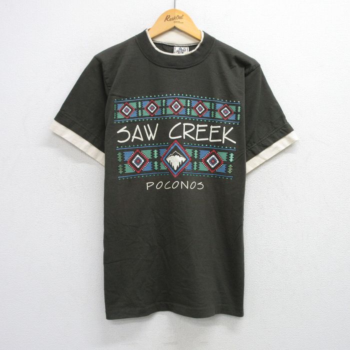 樂天商城 - 【中古】古着 半袖 ビンテージ ヴィンテージTシャツ メンズ 90年代 90s ソウクリーク ネイティブ柄 ラグ柄 コットン クルーネック 丸首 USA製 アメリカ製 濃緑 グリーン Mサイズ 中古 | 春夏 夏物 夏服 ヴィンテージTシャツ メンズファッション カットソー ティー