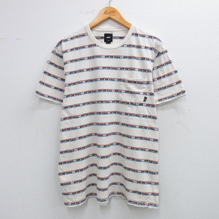 【中古】古着 バンズ VANS 半袖 ブランドTシャツ メンズ OFF THE WALL 胸ポケット付き クルーネック 丸首 白他 ホワイト ボーダー XLサイズ 中古 | 春夏 夏物 夏服 メンズファッション カットソー ティーシャツ ティシャツ メンズTシャツ 半袖Tシャツ 半袖ティー
