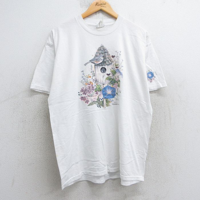 樂天商城 - 【中古】古着 ジャージーズ 半袖 ビンテージ ヴィンテージTシャツ メンズ 90年代 90s 鳥カゴ 花 クルーネック 丸首 白 ホワイト XLサイズ 中古 | 春夏 夏物 夏服 ヴィンテージTシャツ メンズファッション カットソー ティーシャツ ティシャツ メンズTシャツ 半袖T