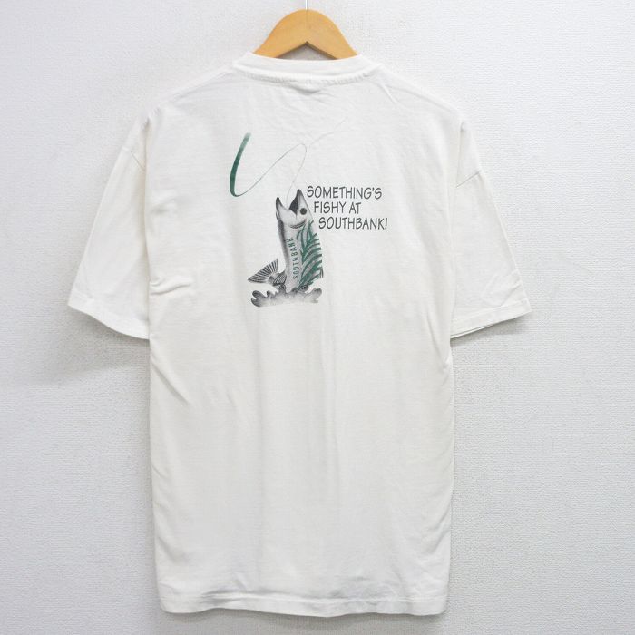乐天商城 - 【中古】古着 ヘインズ Hanes 半袖ヴィンテージTシャツ メンズ 90s 魚プリント 2Lサイズ LL クルーネック 丸首 USA製 白 ホワイト コットン アメカジ ストリート