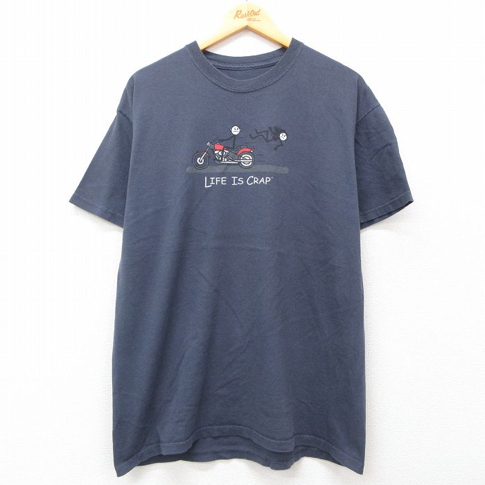 乐天商城 - 【中古】古着 半袖Tシャツ メンズ バイク 棒人間 コットン クルーネック 丸首 紺 ネイビー Lサイズ 中古 | 春夏 夏物 夏服 メンズファッション カットソー ティーシャツ ティシャツ メンズTシャツ 半袖Tシャツ 半袖ティーシャツ カジュアルTシャツ おしゃれ カジ