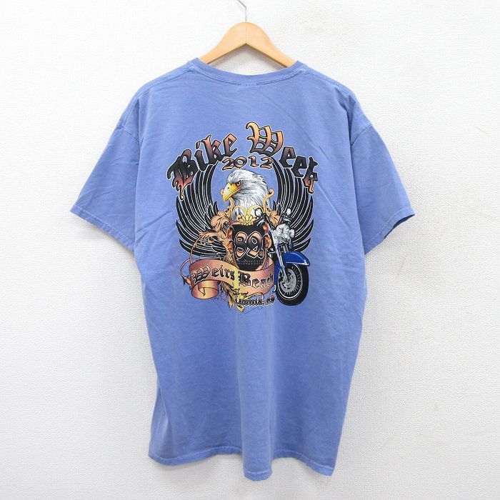 乐天商城 - 【中古】古着 半袖Tシャツ メンズ バイク 鳥 大きいサイズ 2L LL ビッグシルエット ゆったり ビッグサイズ オーバーサイズ コットン クルーネック 丸首 薄紺 ネイビー XLサイズ 中古 | 春夏 夏物 夏服 メンズファッション カットソー ティーシャツ ティシャツ メ