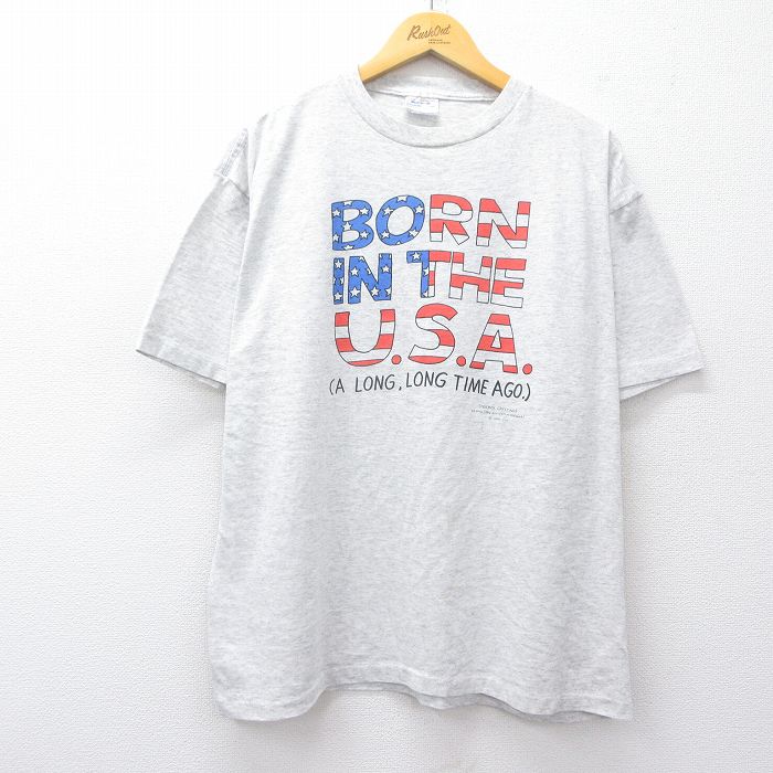 乐天商城 - 【中古】古着 半袖 ヴィンテージTシャツ メンズ 90年代 90s BORN 星条旗 2Lサイズ クルーネック USA製 薄グレー 霜降り アメカジ ストリート カジュアル きれいめ 5OF